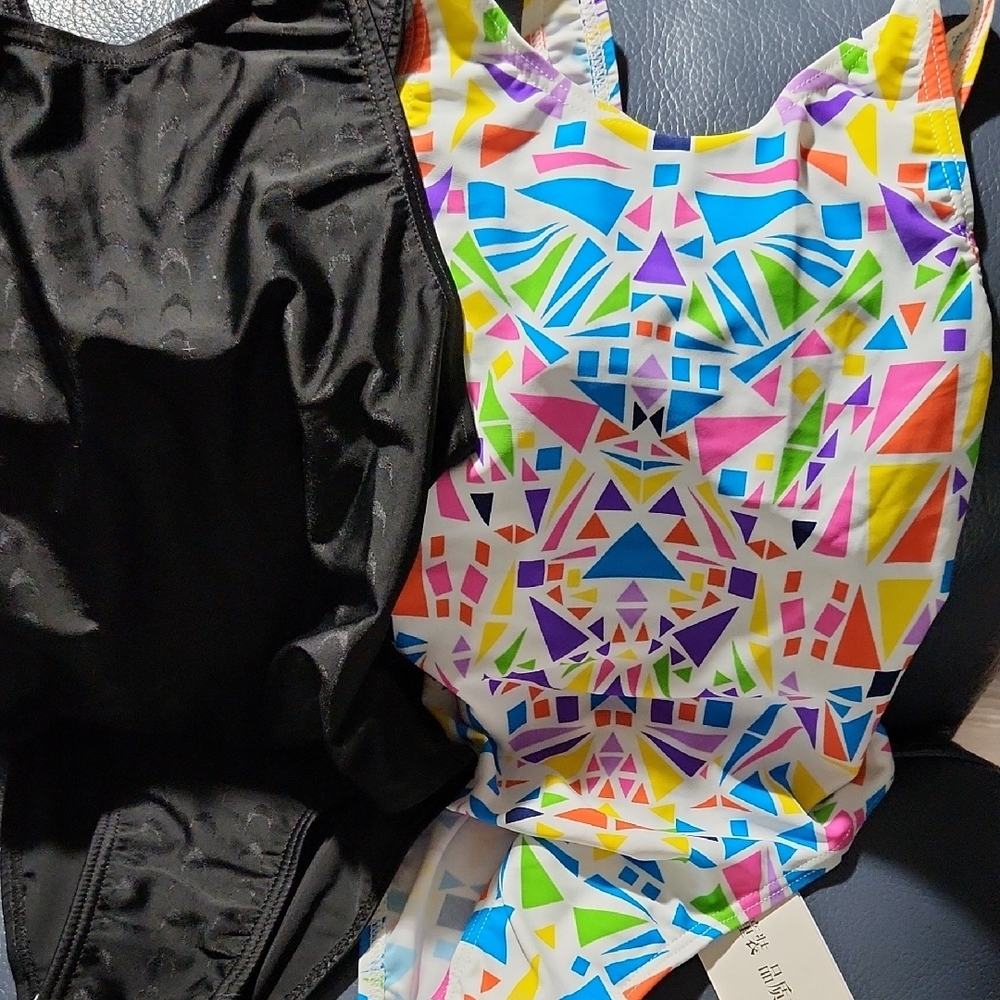 2(1-Colorful Geometric Print Swimsuit & (1-black Swimsuit.
